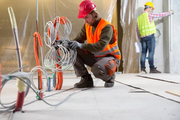 Skilled electrical technician fixing wiring and power issues.