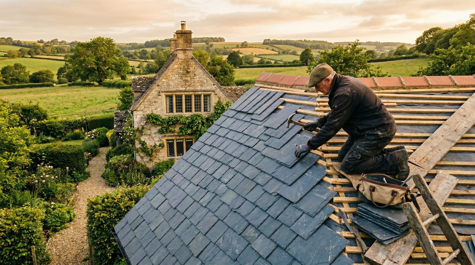 Natural roofing slates installation