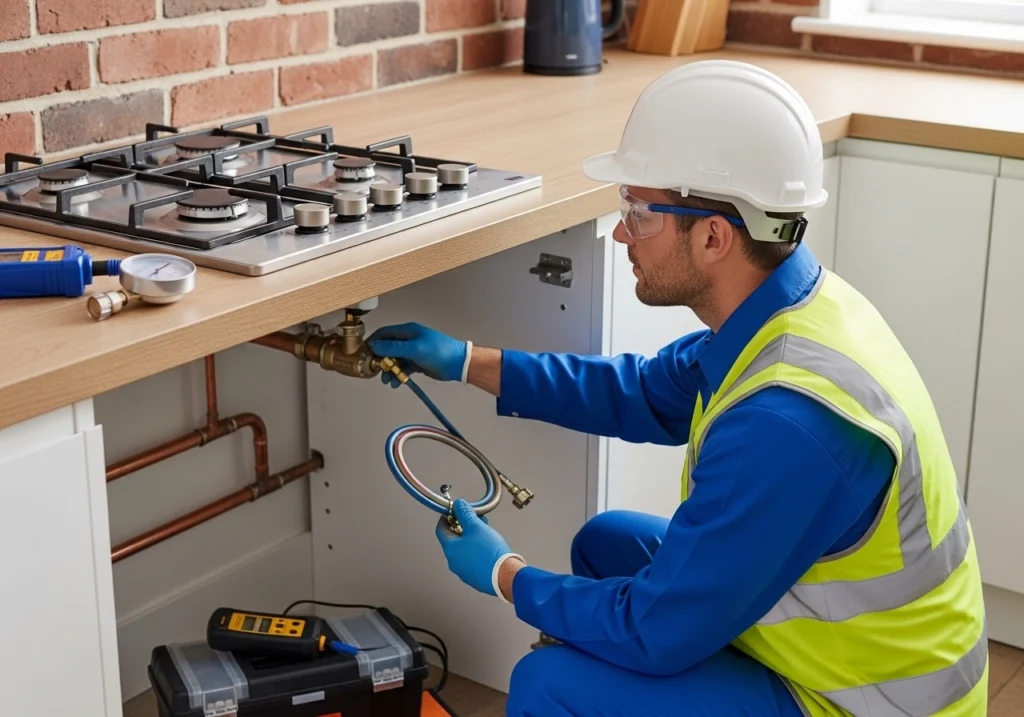 Gas Safe engineer checking isolation valve and pipework before gas hob installation