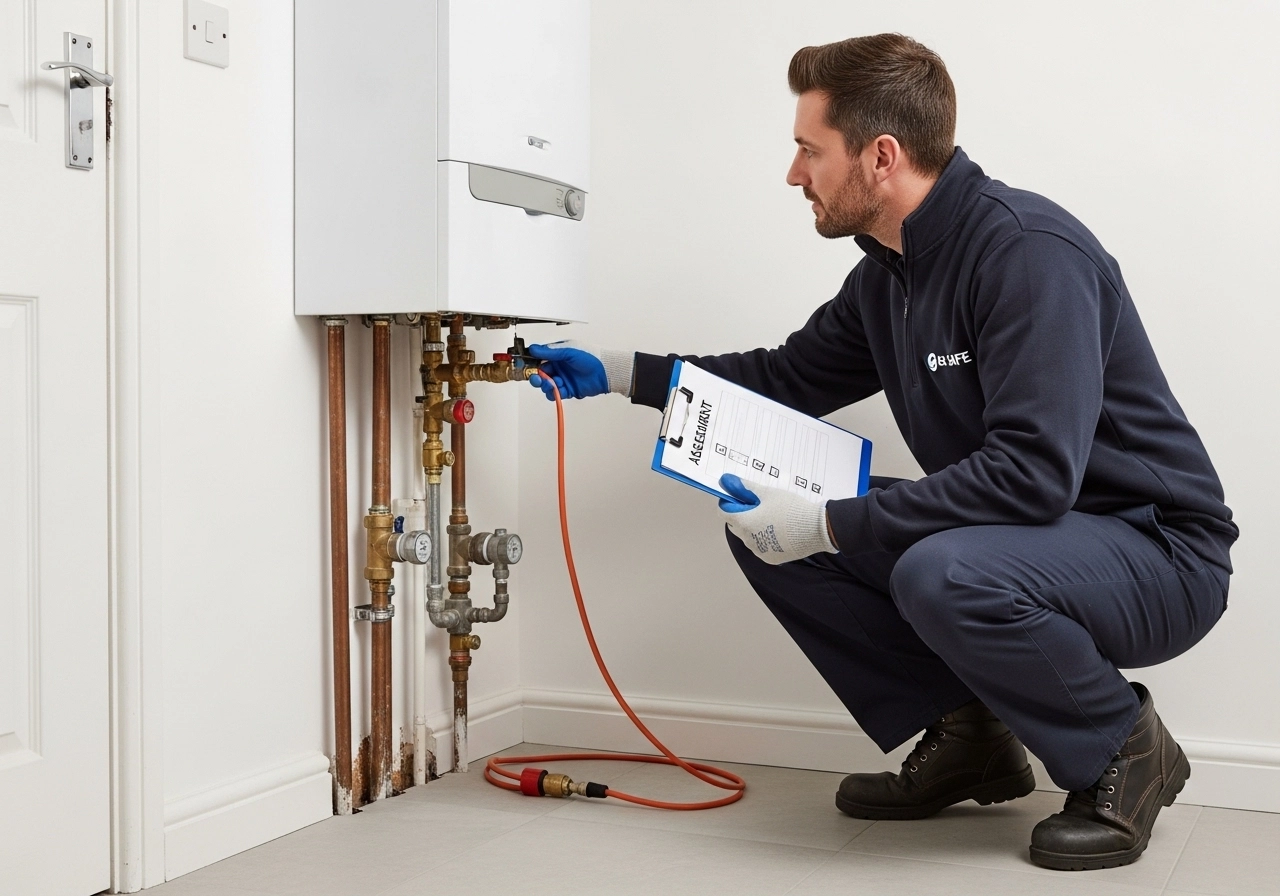 Gas Safe engineer mounting and connecting a new combi boiler during professional installation.