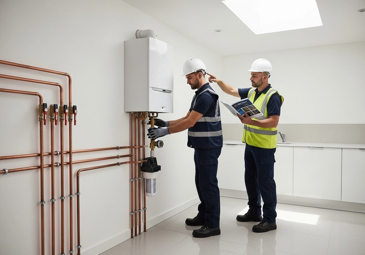 Gas Safe engineer fitting magnetic filter and flue pipe during new combi boiler installation.