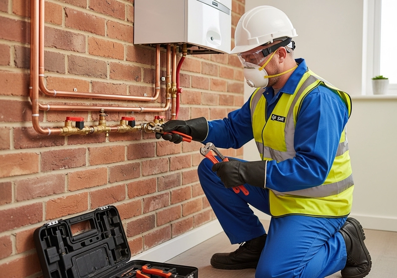 Gas Safe engineer in full safety gear installing copper gas line on brick wall