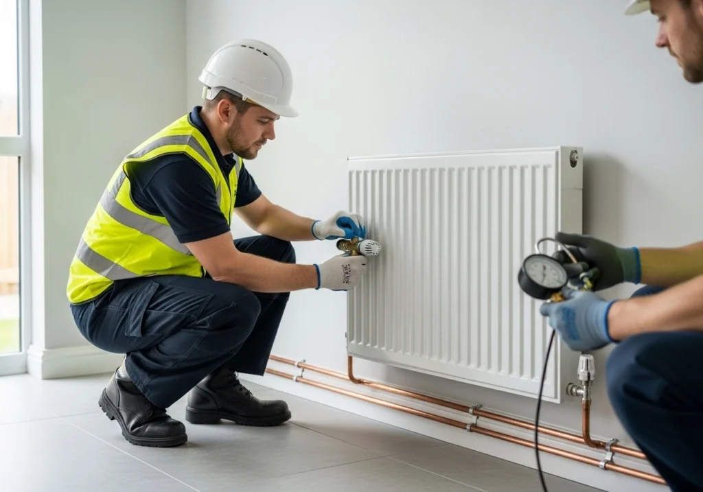 Two Gas Safe engineers installing and pressure testing a new radiator with copper pipe connections in a UK home.