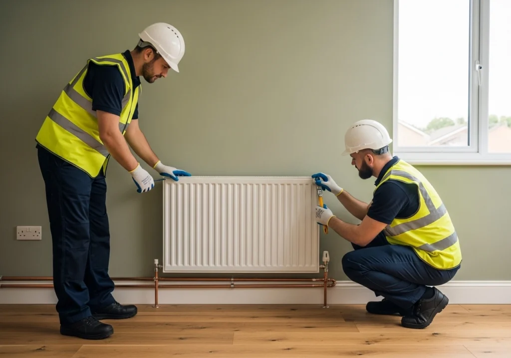 Two Gas Safe engineers inspecting and fitting TRV valve on a newly installed radiator in a UK home.