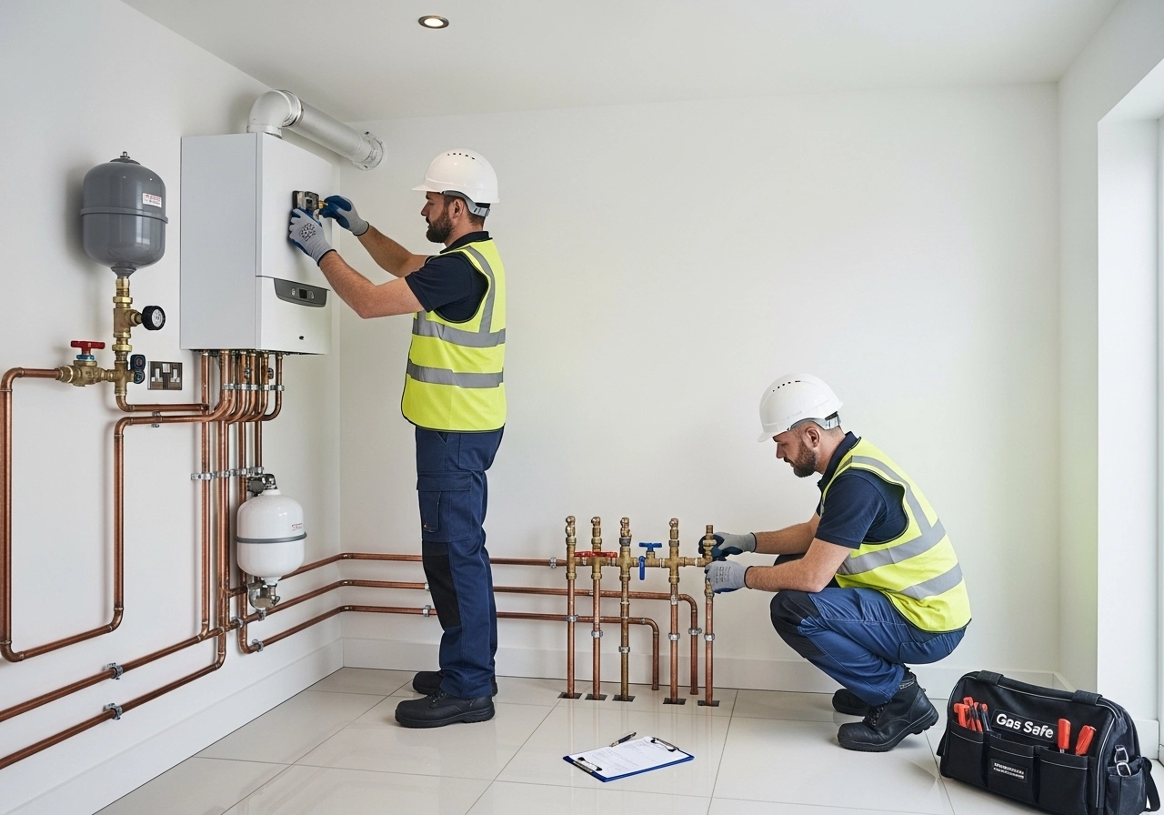 Two Gas Safe engineers in full safety gear installing gas boiler with multiple pipe connections and compliance checks.