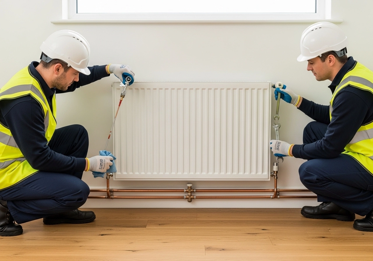 Two Gas Safe engineers bleeding air and balancing a newly installed radiator during final testing and performance verification.