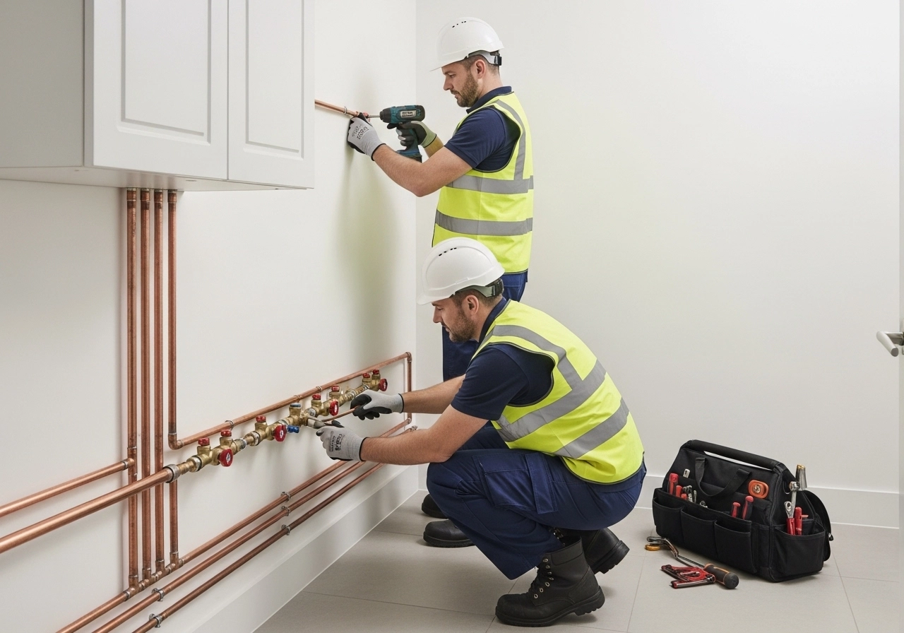 Two Gas Safe engineers fitting and tightening copper pipe connections during boiler installation.