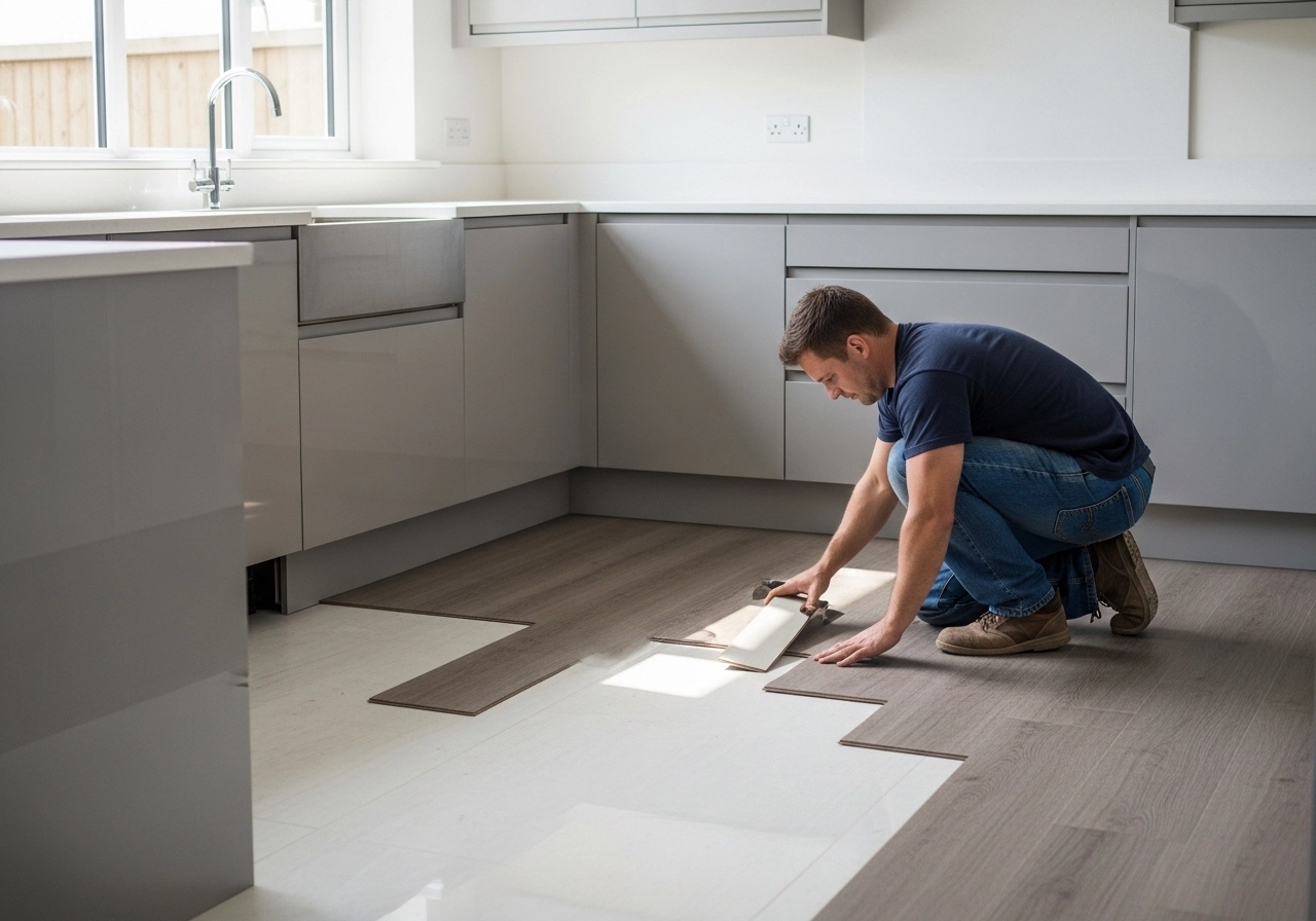 Professional installing wood-effect LVT vinyl flooring in modern UK kitchen, waterproof flooring, residential installation