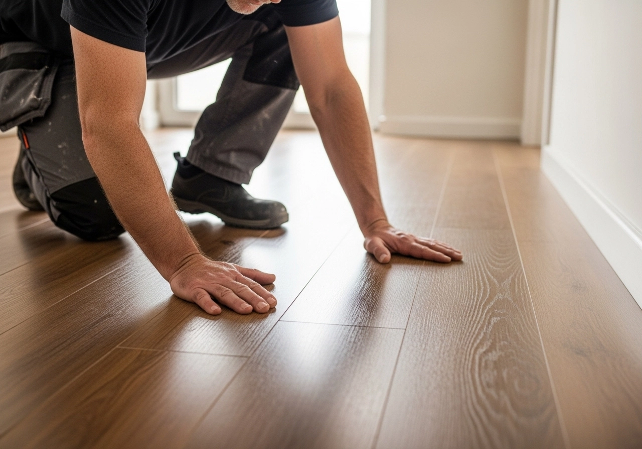 Professional flooring installer performing final inspection of fully installed LVT vinyl flooring, checking plank alignment and joint integrity in UK home