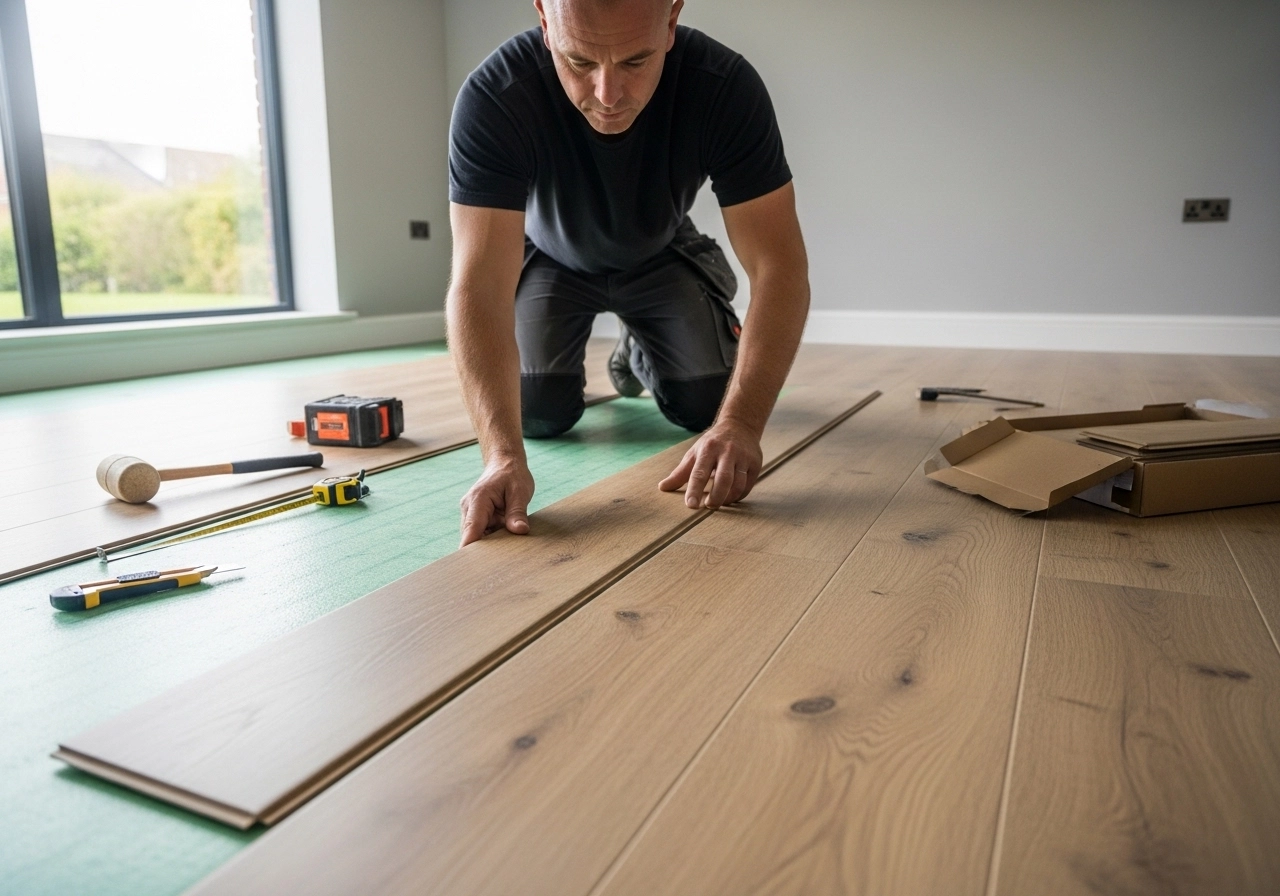 Professional flooring installer placing LVT vinyl planks on prepared subfloor in UK home, precise alignment and clean installation