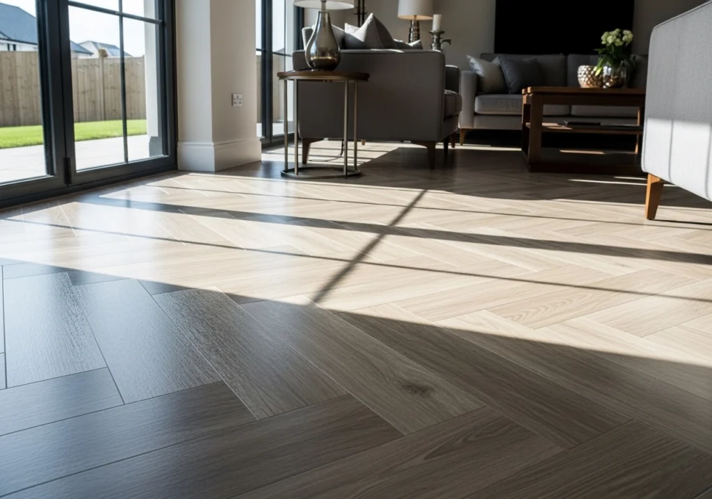 Modern UK living space with fully installed herringbone patterned LVT vinyl flooring, polished wood-effect vinyl, professional installation