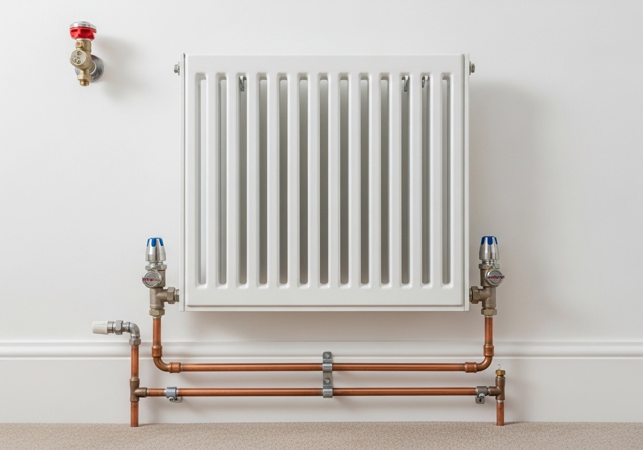 Existing radiator system showing pipework valves and brackets before installation survey.