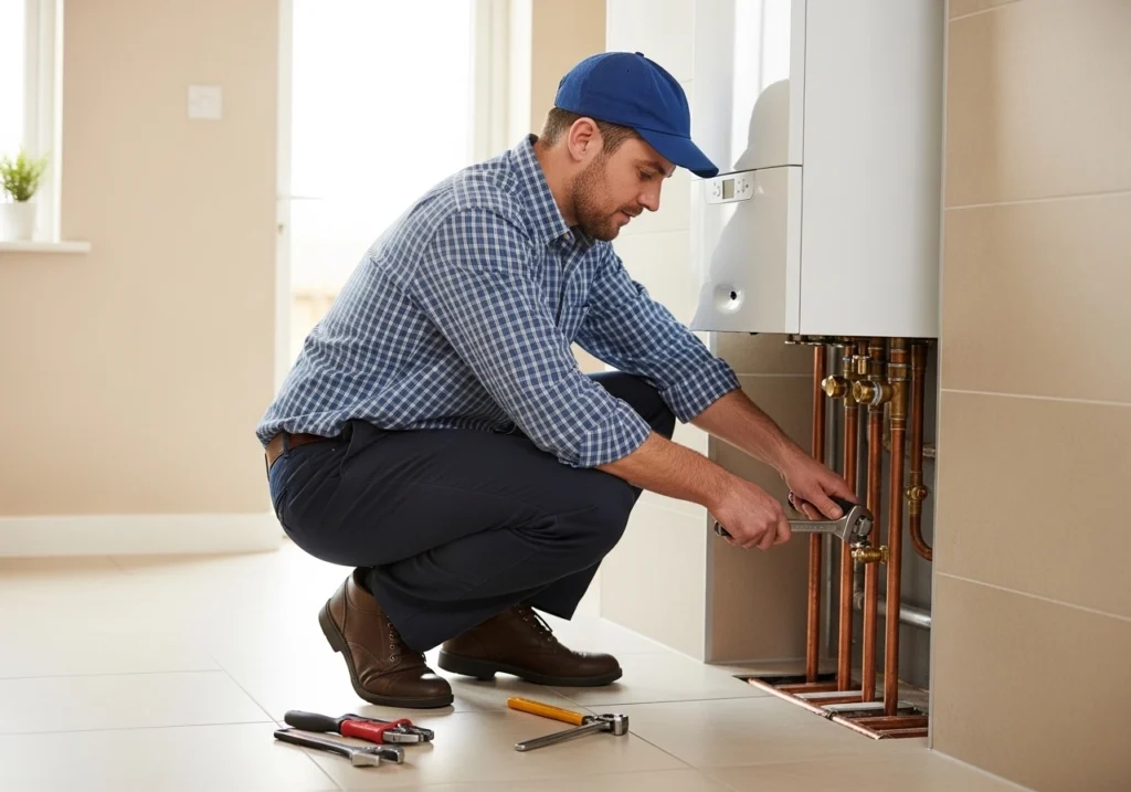 Gas Safe engineer crouching and connecting boiler pipes during new boiler installation.