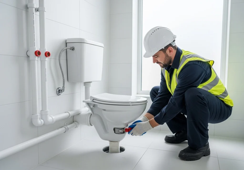 Professional plumber fitting white PVC soil pipe and waste connections at base of new toilet in a UK bathroom.