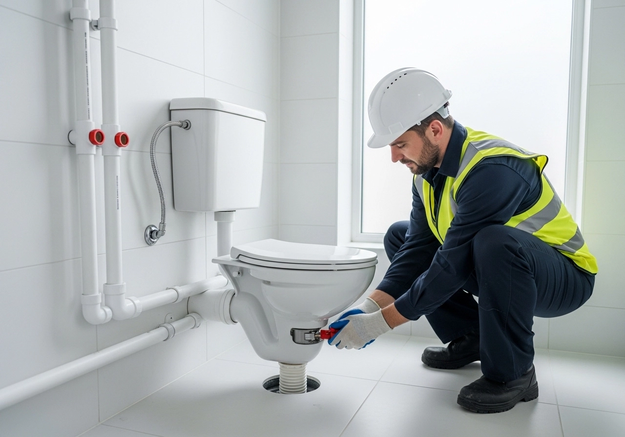 Professional plumber fitting white PVC soil pipe and waste connections at base of new toilet in a UK bathroom.