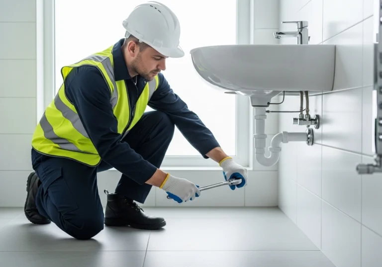 Professional plumber crouching and fitting waste pipe beneath bathroom sink in a modern UK home.