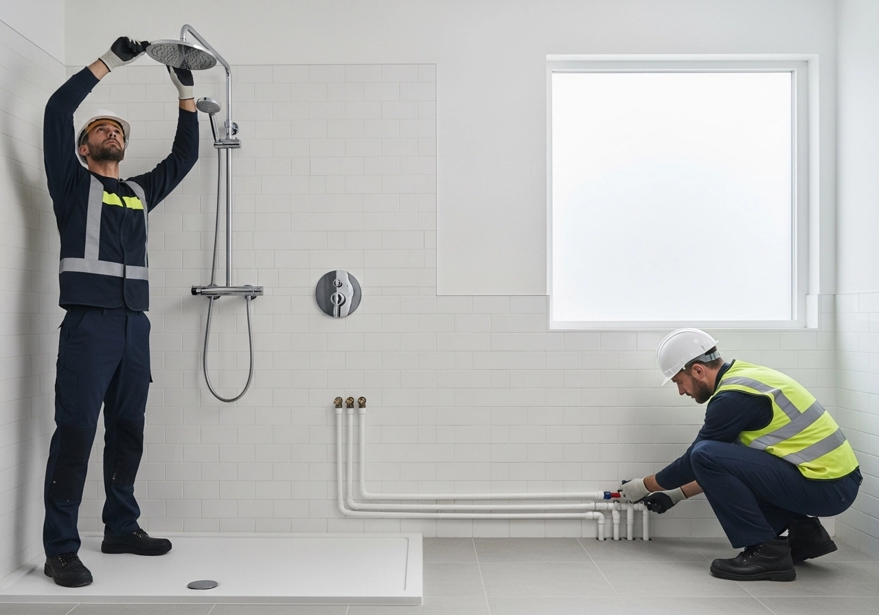Two professional plumbers installing complete shower system with shower head mixer valve and pipe connections in a modern UK bathroom.