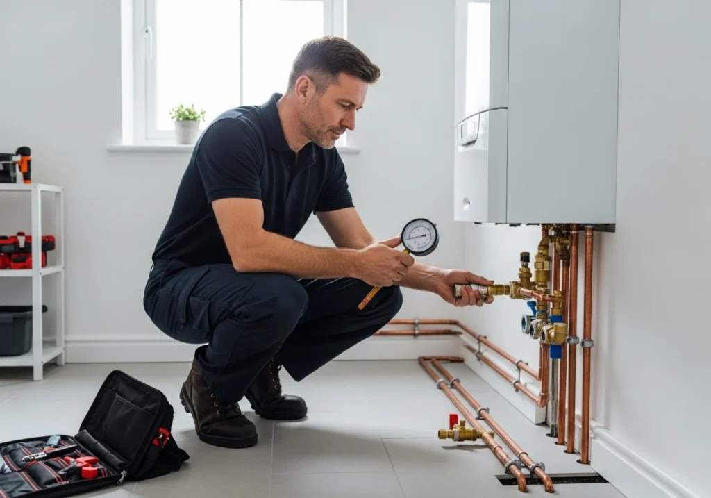Gas Safe engineer using a pressure gauge to check boiler gas connections in a UK home.