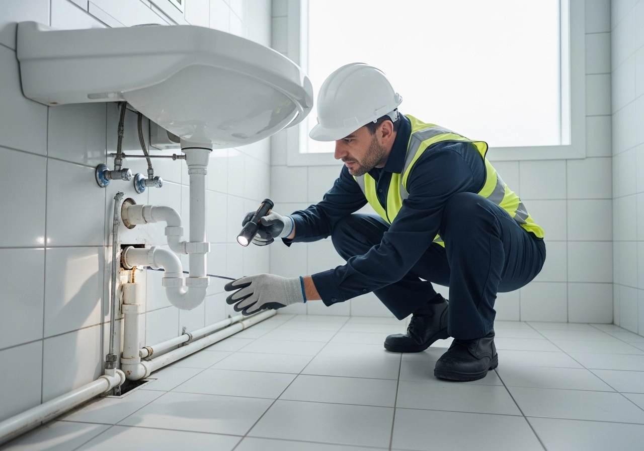 Professional plumber inspecting and tracing concealed waste pipes and traps beneath bathroom sink during survey.