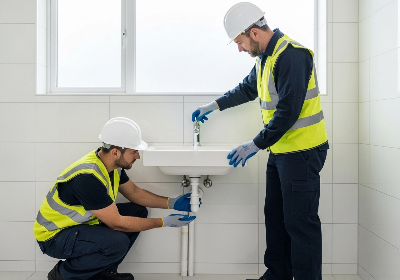 Two professional plumbers testing water flow and checking waste pipe connections during final bathroom plumbing inspection.