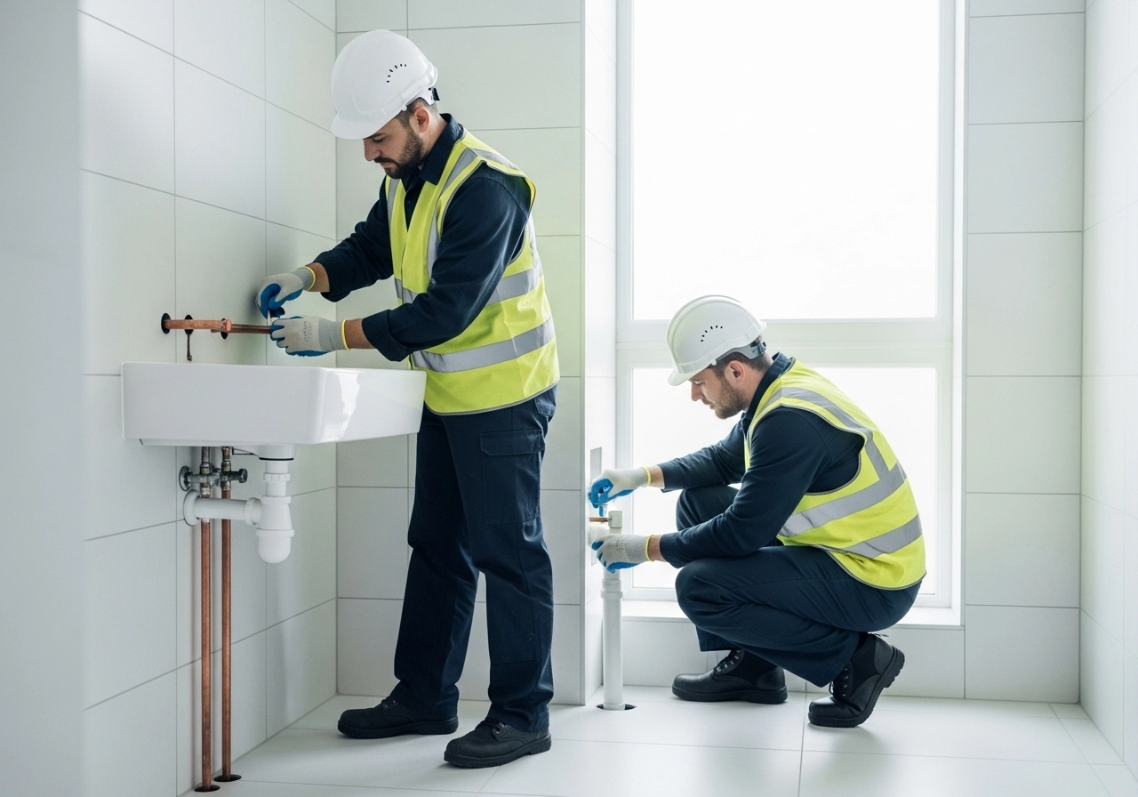 Two professional plumbers neatly fitting copper supply pipes and PVC waste pipe in a modern UK bathroom.