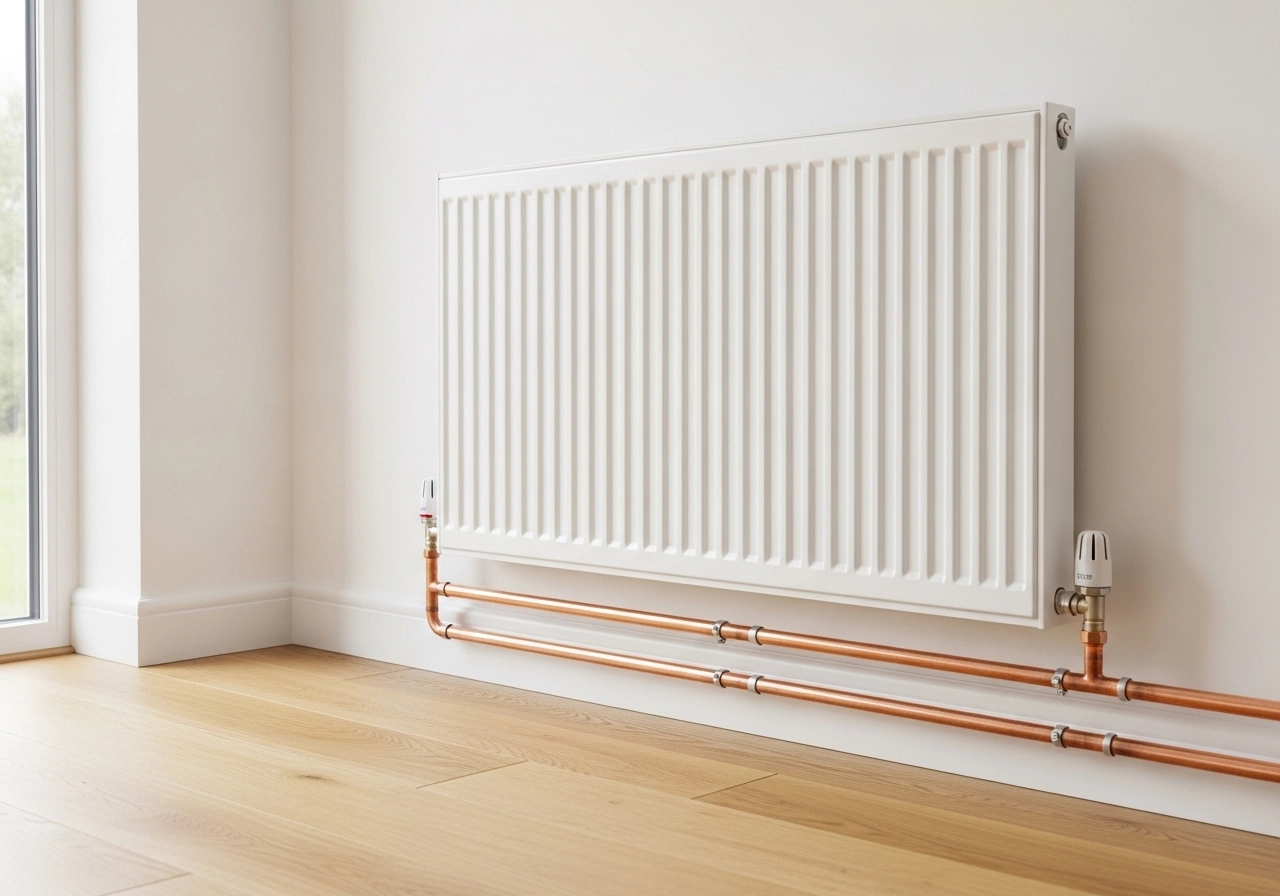 Fully installed white double panel radiator with TRV lockshield and copper pipes in a bright modern UK living room