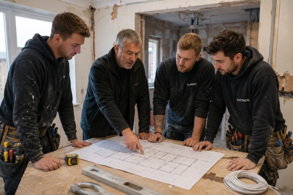 Construction team reviewing renovation plans