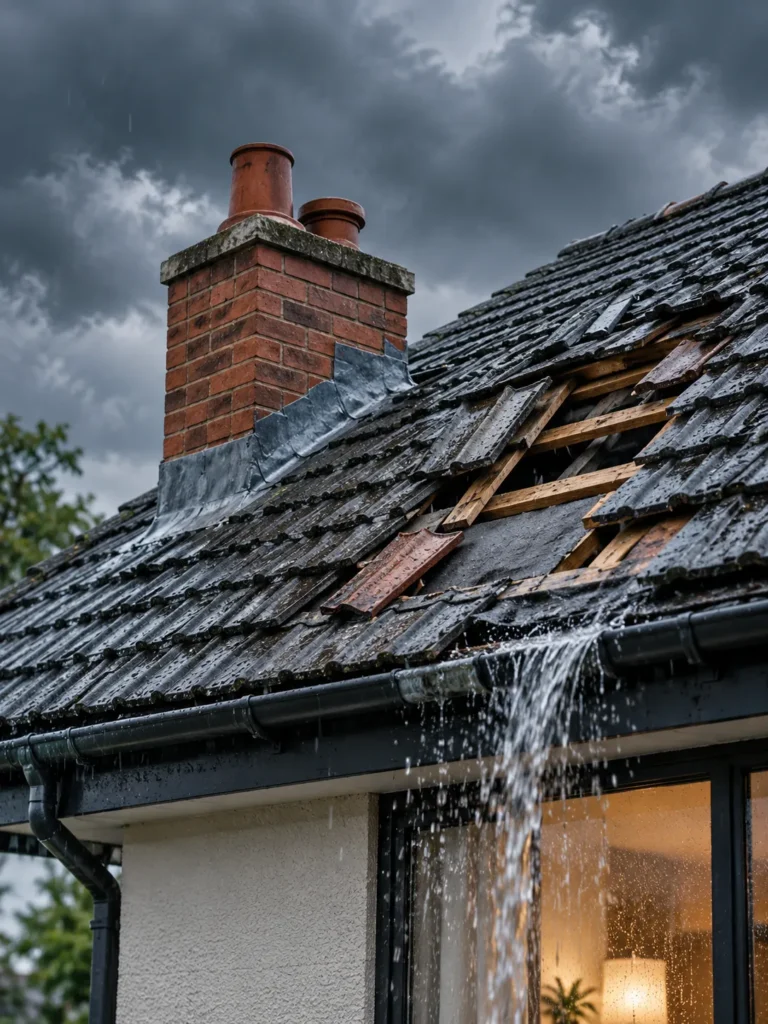 Storm-Damaged Roof in Heavy Rain
